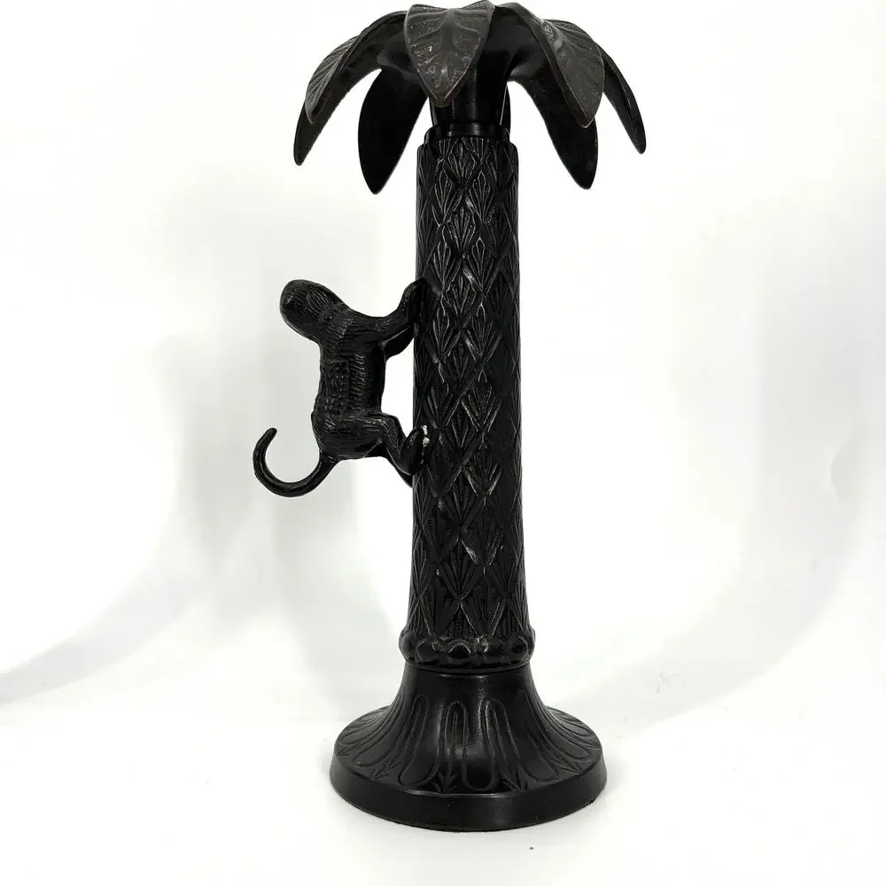 Vintage Bombay Metal Monkey Climbing Palm Tree Candlestick Holders Pair of Two
